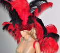 Load image into Gallery viewer, Red & black Ostrich Feather Open Face Headdress & backpiece Set.
