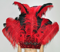 Load image into Gallery viewer, Red & black Ostrich Feather Open Face Headdress & backpiece Set.
