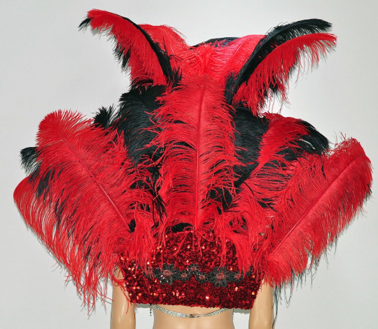 Red & black Ostrich Feather Open Face Headdress & backpiece Set.