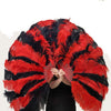 Abanico de plumas de avestruz XL de 2 capas rojo y negro mixto de 34&#39;&#39;x 60&#39;&#39; con bolsa de viaje de cuero.