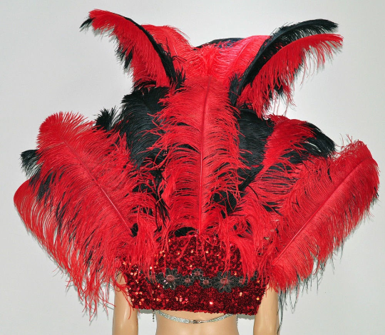 Conjunto de tocado y pieza para la espalda con cara abierta de plumas de avestruz en rojo y negro.