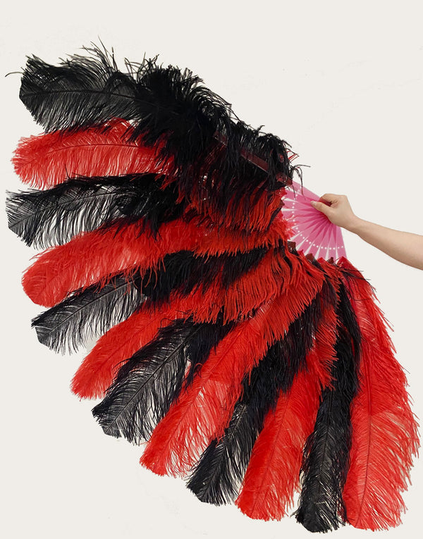 Ventilador de penas de avestruz de 2 camadas vermelho e preto misto XL 34&#39;&#39;x 60&#39;&#39; com bolsa de couro de viagem.