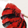 Abanico XL de Plumas de Avestruz de 2 Capas 34''x 60'' rojo y negro con Bolsa de Cuero de Viaje.