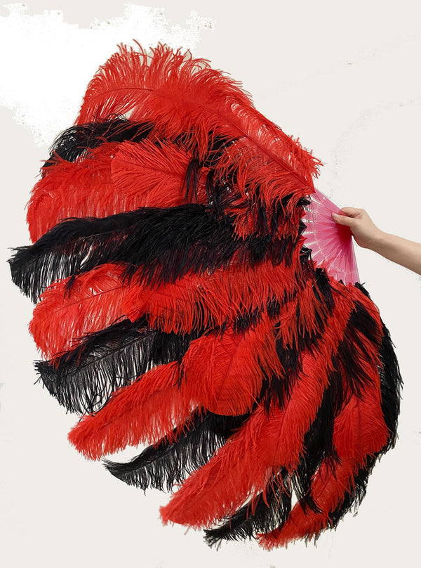 Mixed red & black XL 2 Layer Ostrich Feather Fan 34''x 60'' with Travel leather Bag.