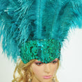 Load image into Gallery viewer, Teal Showgirl Open Face Ostrich feather Headdress.
