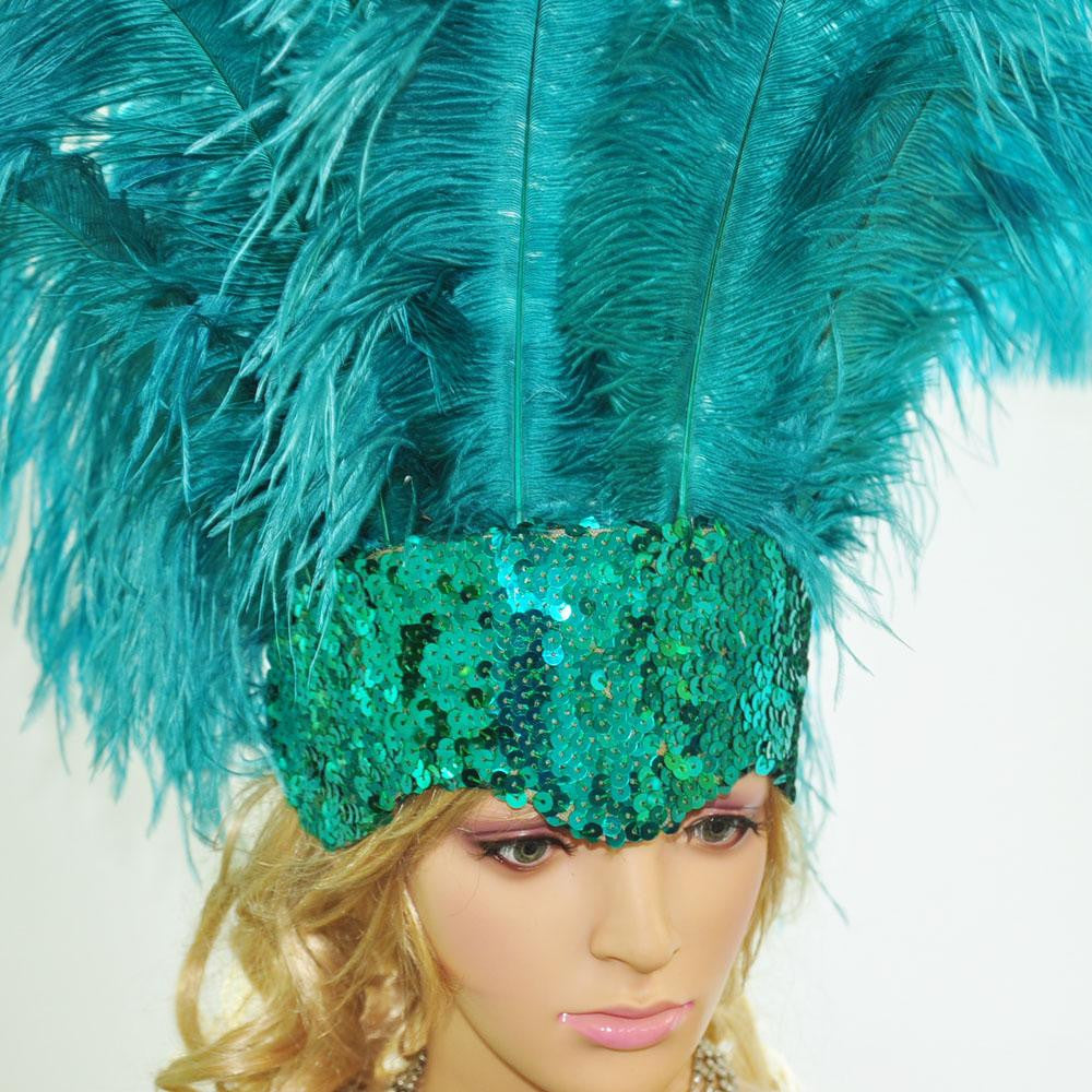 Teal Showgirl Open Face Ostrich feather Headdress.