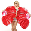 A pair red Single layer Ostrich Feather fan 24"x 41" with leather travel Bag.