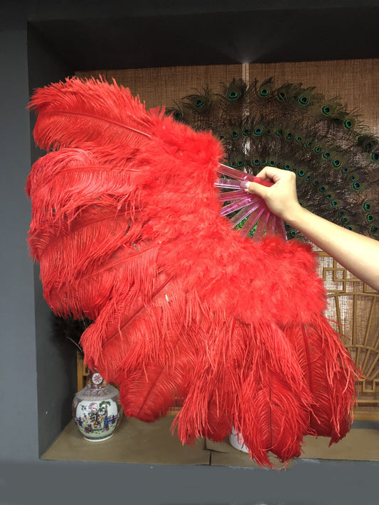 Red Marabou Ostrich Feather fan 24"x 43" with Travel leather Bag.