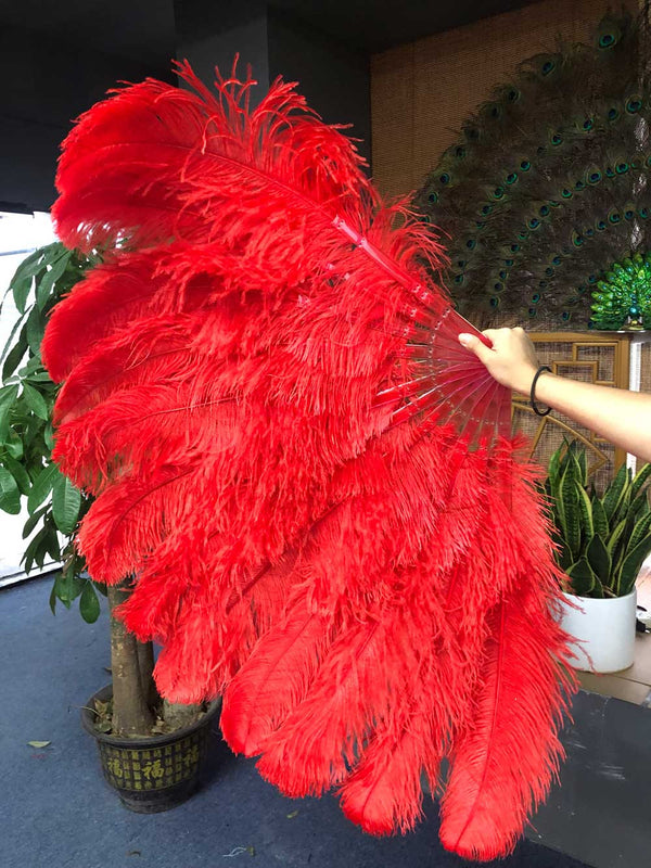 Abanico XL 2 capas de plumas de avestruz rojo 34''x 60 '' con bolsa de viaje de cuero.