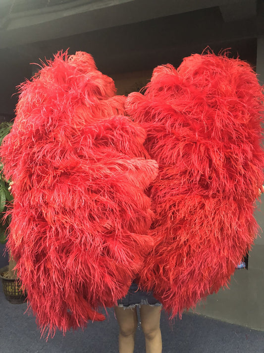 Burlesque 4 Layers Red Ostrich Feather Fan Opened 67'' with Travel leather Bag.