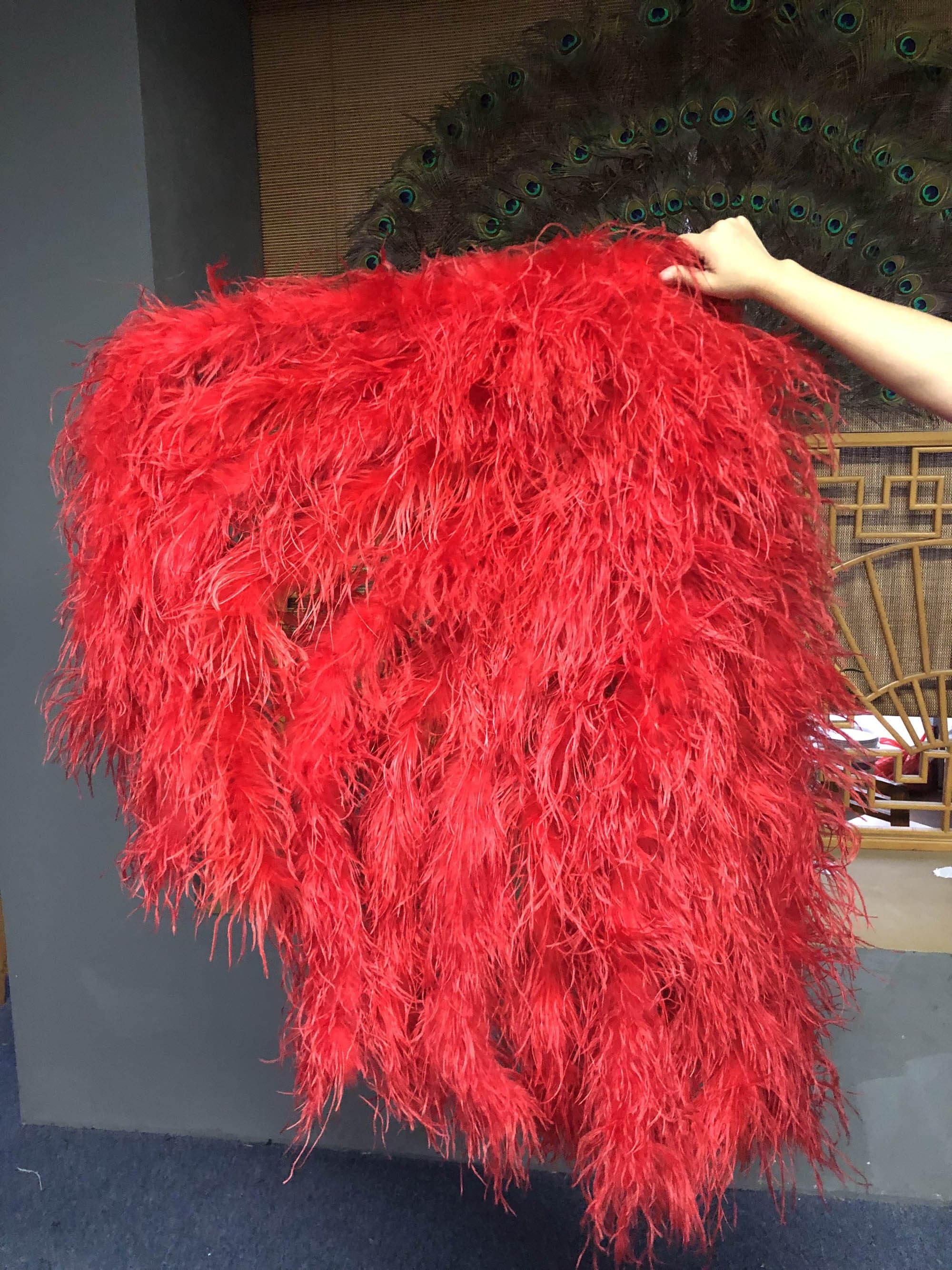 Burlesque Fluffy Red Waterfall Fan Ostrich Feathers Boa Fan 42"x 78".