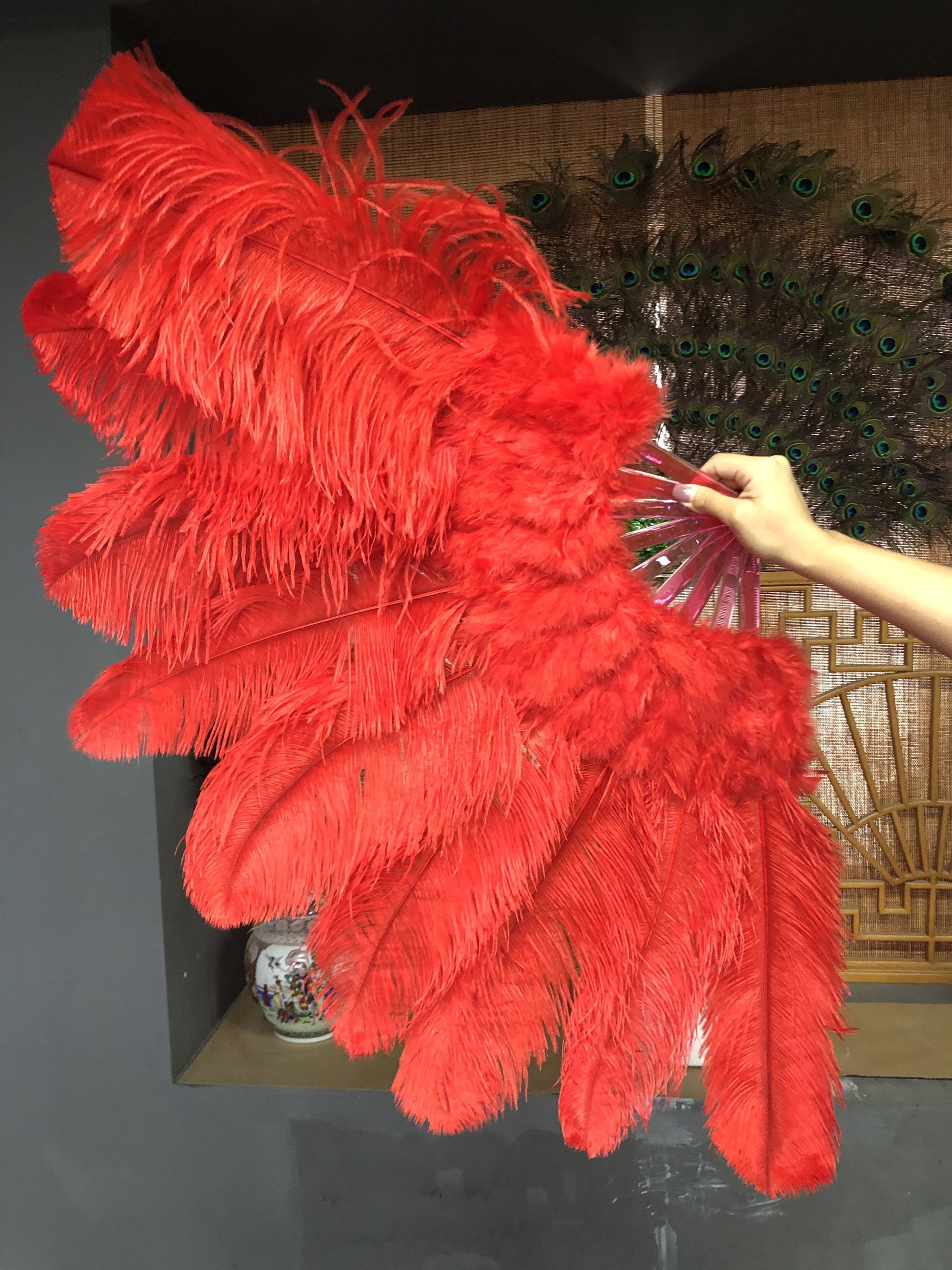 Red Marabou Ostrich Feather fan 24"x 43" with Travel leather Bag.