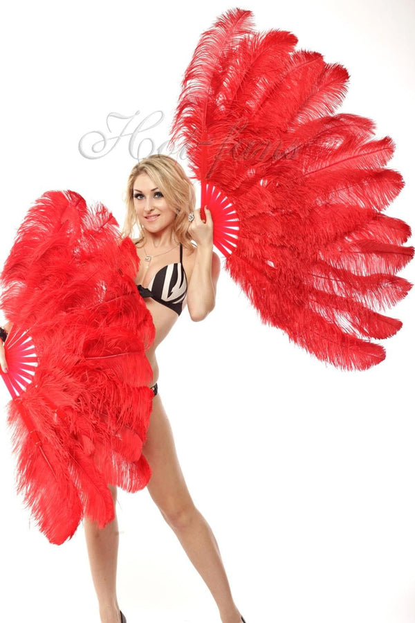 2 layers red Ostrich Feather Fan 30