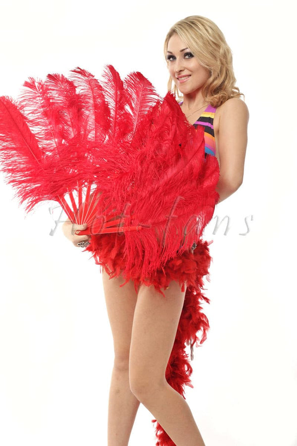 Abanico de plumas de avestruz monocapa rojo con bolsa de viaje de piel 25