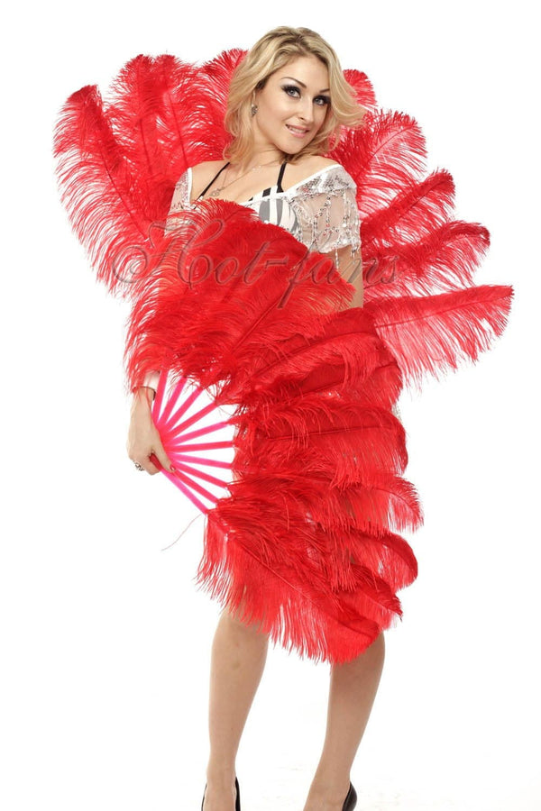 A pair red Single layer Ostrich Feather fan 24
