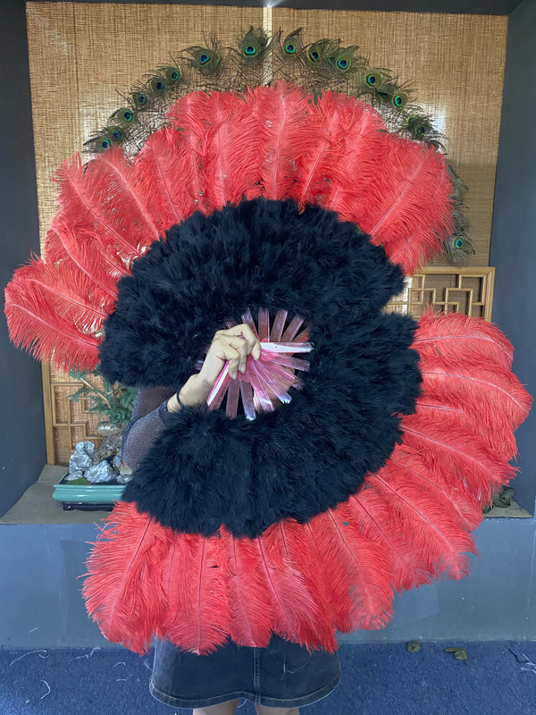 Black & red Marabou Ostrich Feather fan 21"x 38" with Travel leather Bag.