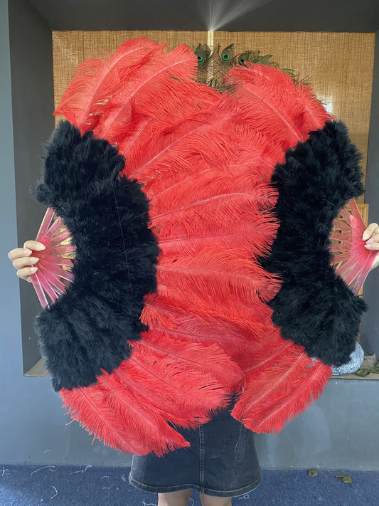 Black & red Marabou Ostrich Feather fan 21"x 38" with Travel leather Bag.