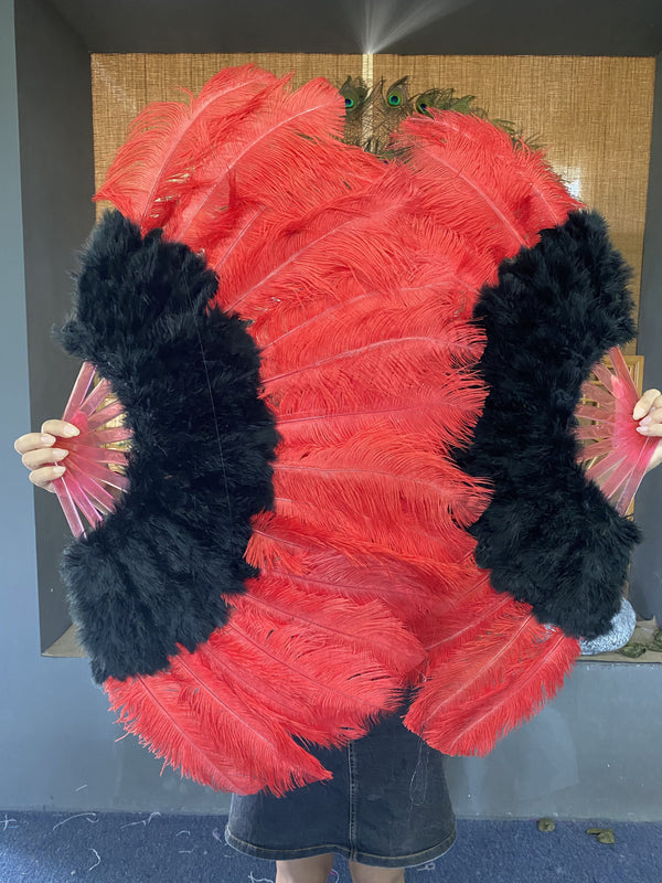 Abanico de plumas de avestruz de marabú negro y rojo 21