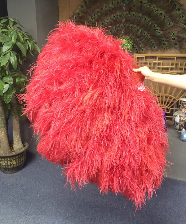 Burlesque 4 Layers Red Ostrich Feather Fan Opened 67'' with Travel leather Bag.