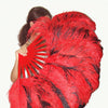 Un par de abanico de plumas de avestruz rojo y negro de doble cara de una sola capa con bolsa de cuero de viaje.