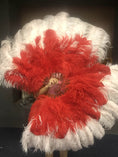 Load image into Gallery viewer, Mix red & blush XL 2 Layer Ostrich Feather Fan 34''x 60'' with Travel leather Bag.
