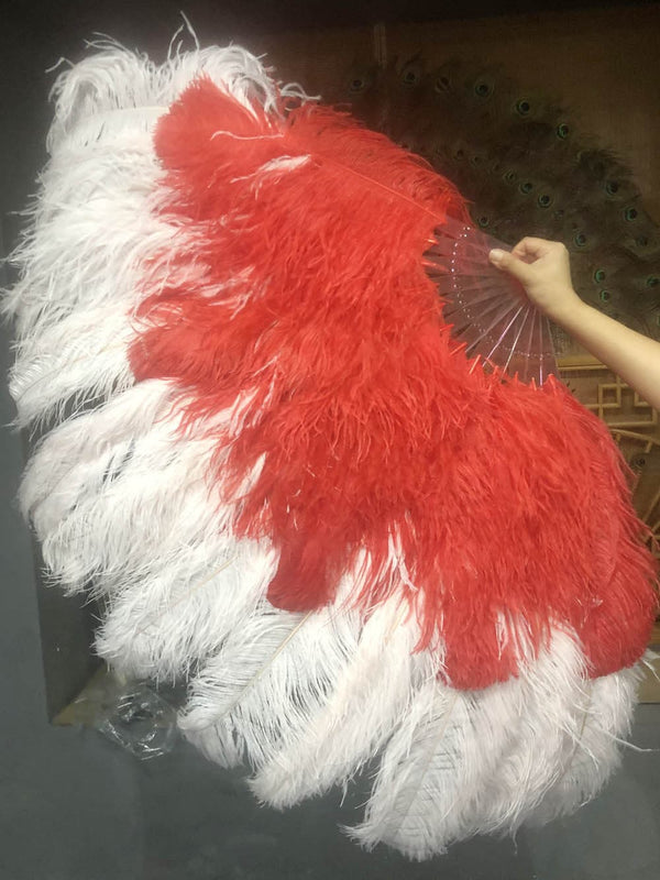 Mezcla rojo y rubor XL Abanico de plumas de avestruz de 2 capas de 34''x 60 '' con bolsa de viaje de cuero.