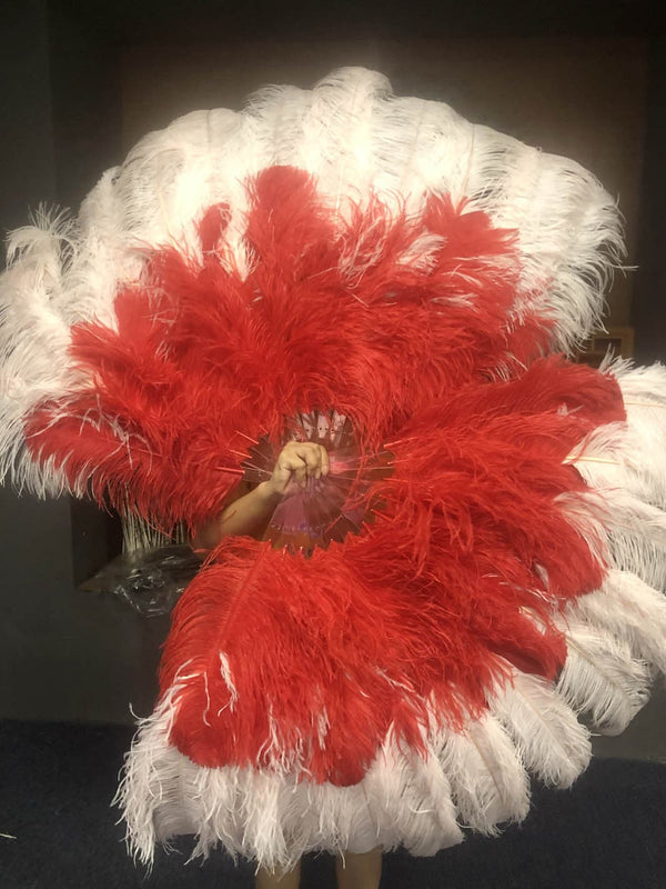 Abanico de plumas de avestruz XL de 2 capas, color rojo y rubor, de 34&#39;&#39;x 60&#39;&#39; con bolsa de viaje de cuero.