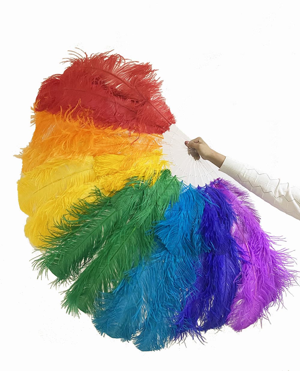 2 layers rainbow Ostrich Feather Fan Full open 180 degree 30"x 60" with leather travel Bag.