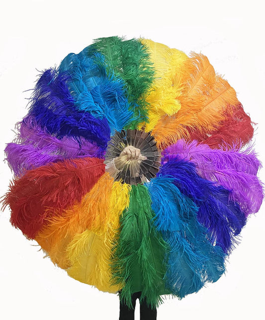 2 layers rainbow Ostrich Feather Fan Full open 180 degree 30"x 60" with leather travel Bag.