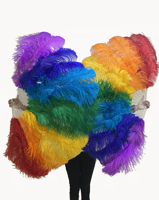 2 layers rainbow Ostrich Feather Fan Full open 180 degree 30"x 60" with leather travel Bag.