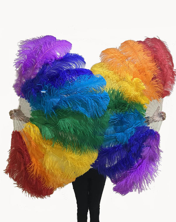 2 layers rainbow Ostrich Feather Fan Full open 180 degree 30