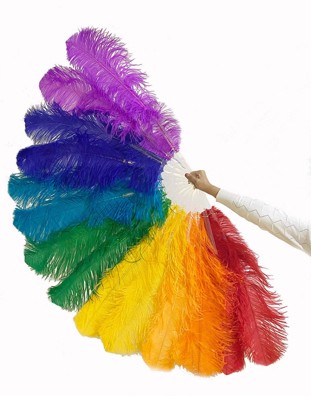 2 layers rainbow Ostrich Feather Fan Full open 180 degree 30"x 60" with leather travel Bag.