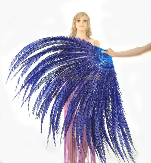 Abanico de plumas de faisán enorme de lujo azul real de 71 "de alto con bolsa de viaje de cuero.