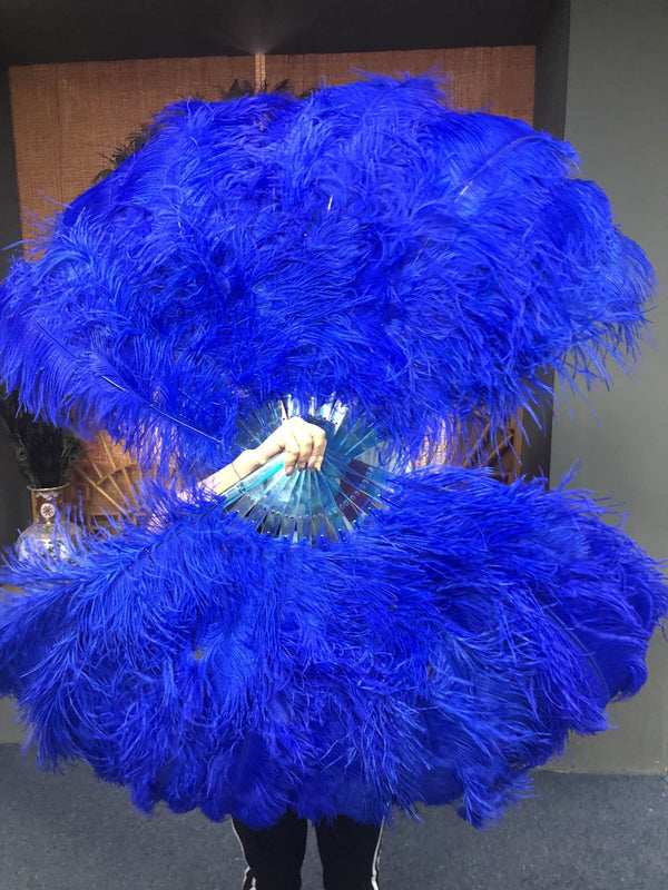 Abanico 2 capas de plumas de avestruz azul royal 30