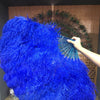 Abanico de plumas de avestruz azul real de 2 capas de 30 "x 54" con bolsa de viaje de cuero.