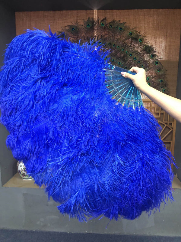 Abanico 2 capas de plumas de avestruz azul royal 30