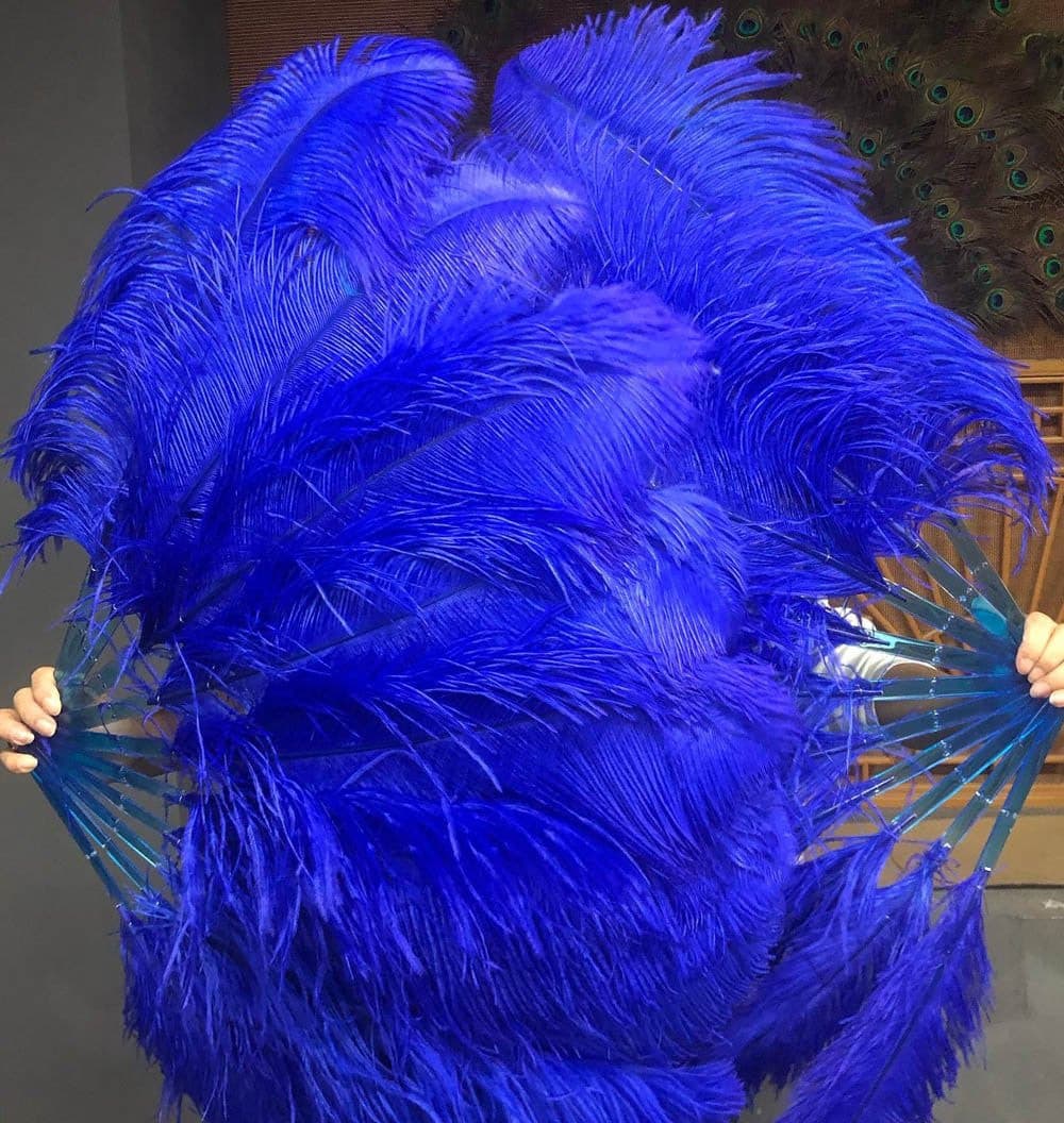 A pair Royal blue Single layer Ostrich Feather fan 24"x 41" with leather travel Bag.