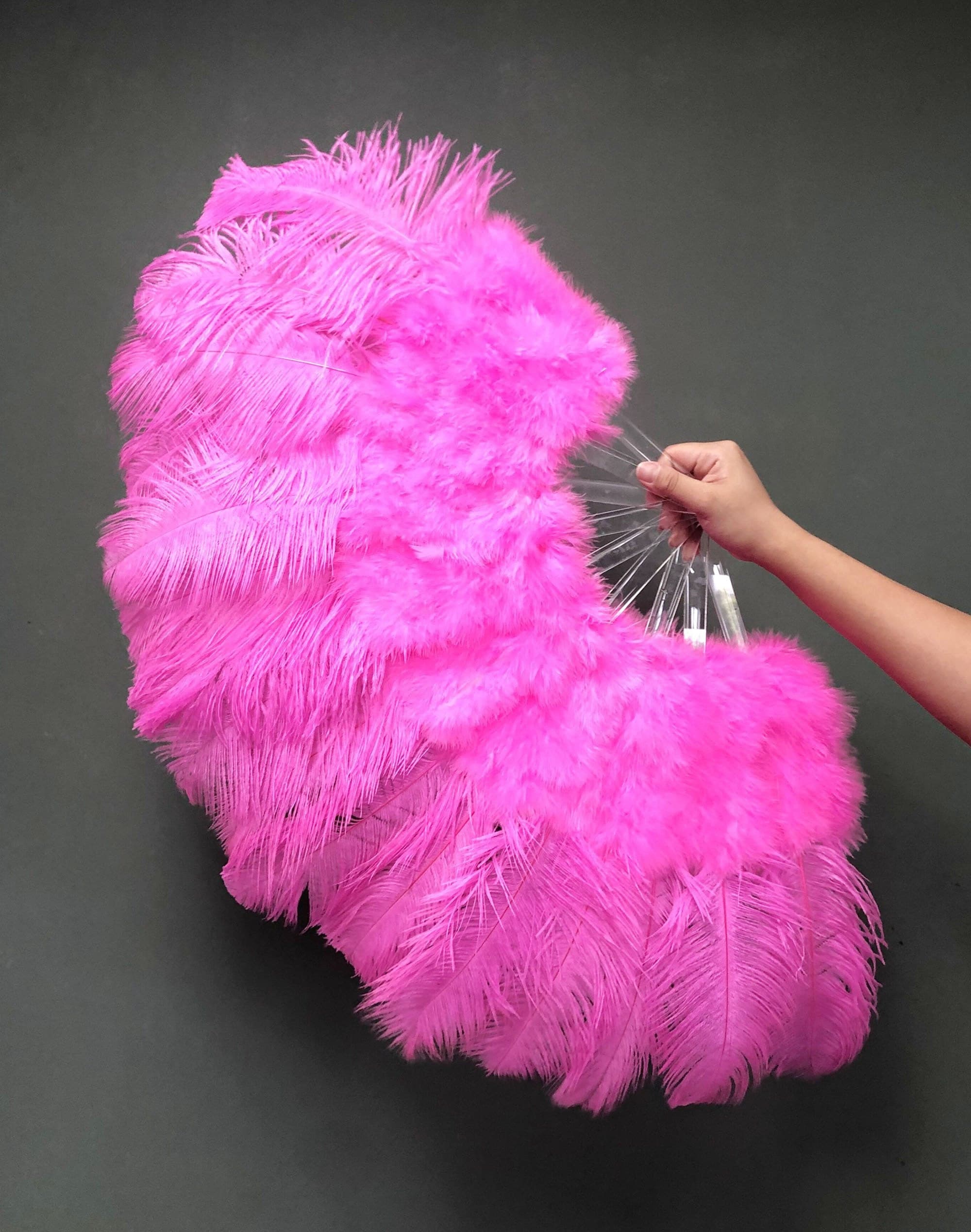 Dark pink Marabou Ostrich Feather fan 21"x 38" with Travel leather Bag.