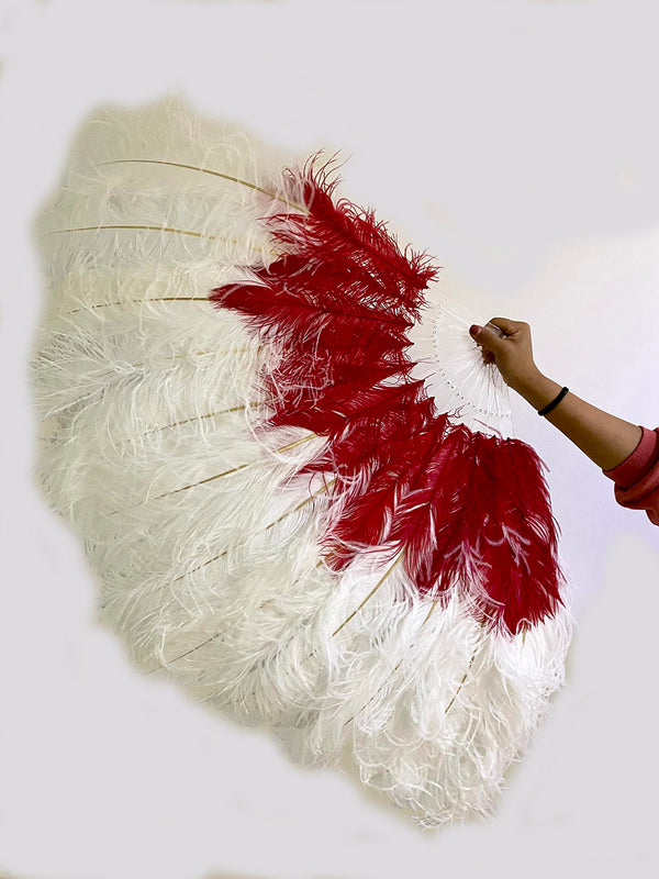 Mix red & white 2 Layers Ostrich Feather Fan 30''x 54'' with Travel leather Bag.