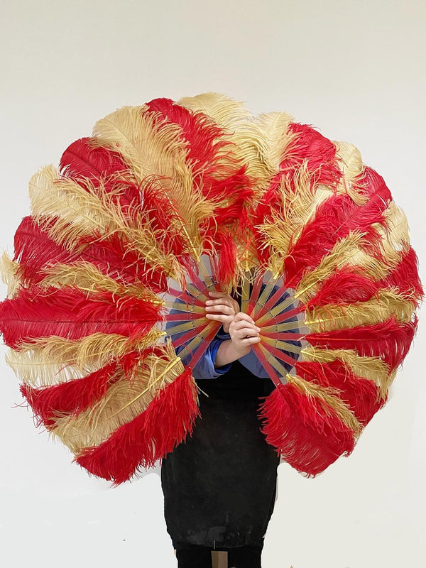 Mezcla de abanico de plumas de avestruz de una sola capa rojo y trigo con bolsa de viaje de cuero 25