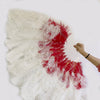 Mezcla de 2 capas de abanico de plumas de avestruz rojo y blanco de 30''x 54 '' con bolsa de viaje de cuero.