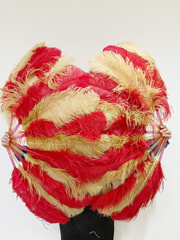 Mezcla de abanico de plumas de avestruz de una sola capa rojo y trigo con bolsa de viaje de cuero 25