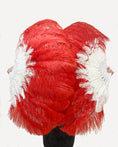 Load image into Gallery viewer, Mixed red & white 2 Layers Ostrich Feather Fan 30''x 54'' with Travel leather Bag - hotfans
