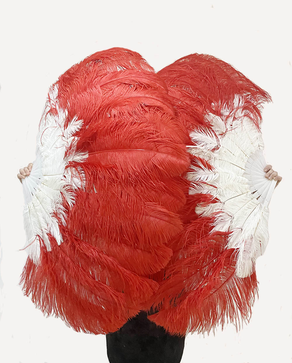 Mixed red & white 2 Layers Ostrich Feather Fan 30''x 54'' with Travel leather Bag - hotfans