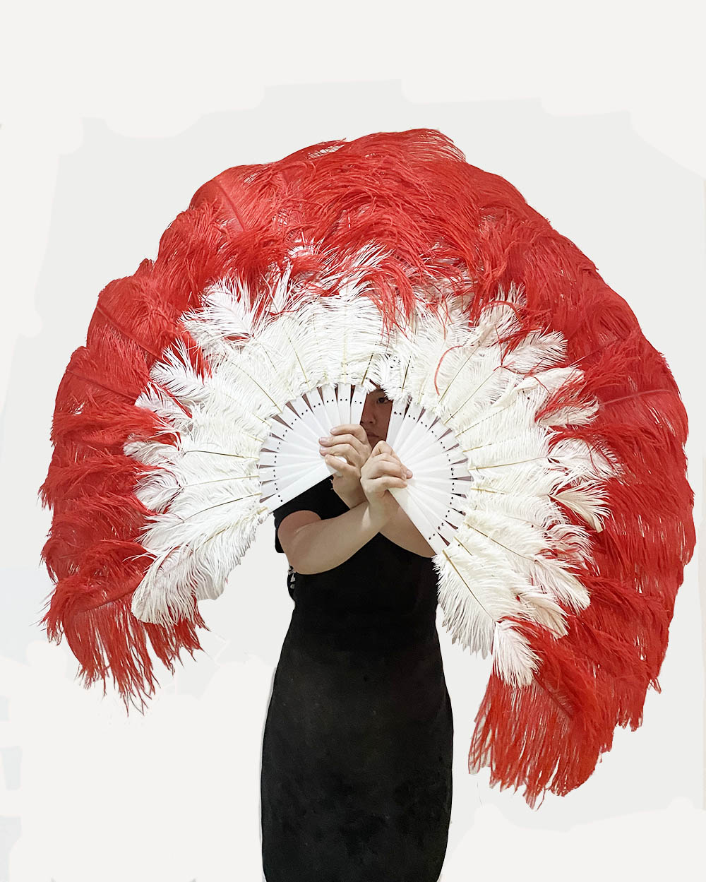 Mixed red & white 2 Layers Ostrich Feather Fan 30''x 54'' with Travel leather Bag - hotfans