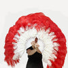 Abanico de plumas de avestruz de 2 capas rojo y blanco mixto de 30&#39;&#39;x 54&#39;&#39; con bolsa de cuero de viaje.