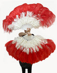 Load image into Gallery viewer, Mixed red & white 2 Layers Ostrich Feather Fan 30''x 54'' with Travel leather Bag.
