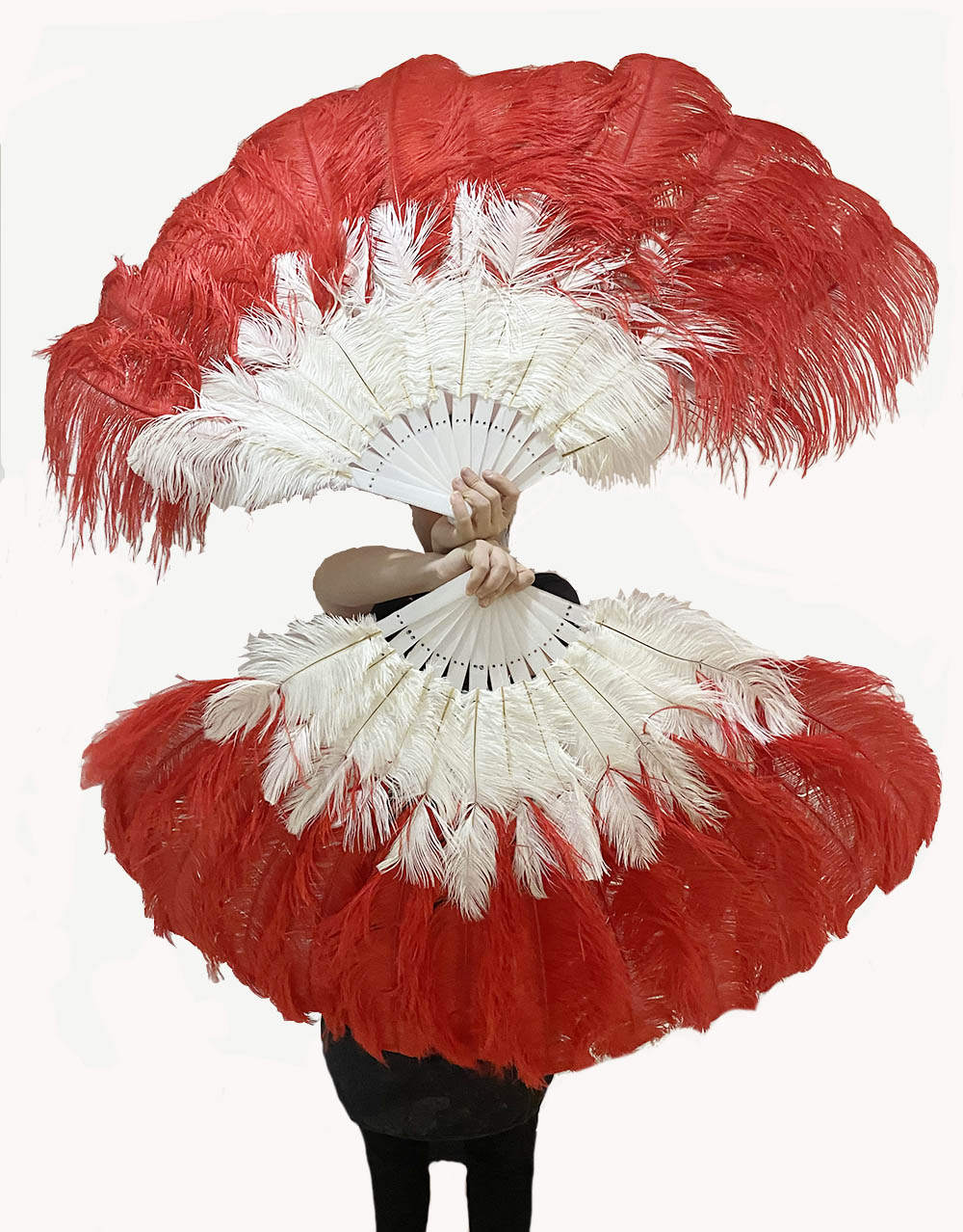 Mixed red & white 2 Layers Ostrich Feather Fan 30''x 54'' with Travel leather Bag - hotfans