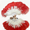 Abanico de plumas de avestruz de 2 capas rojo y blanco de 30''x 54'' con bolsa de viaje de cuero.