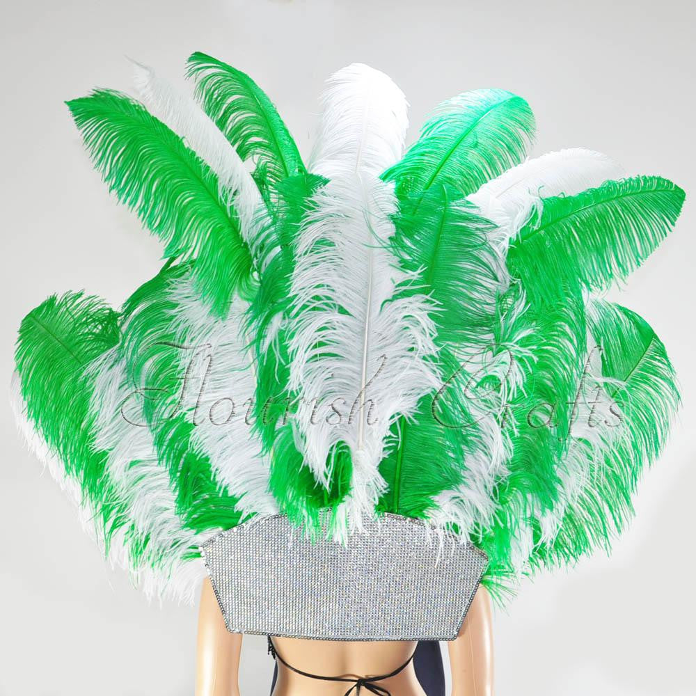 Green & white Ostrich Feather Open Face Headdress & backpiece Set.